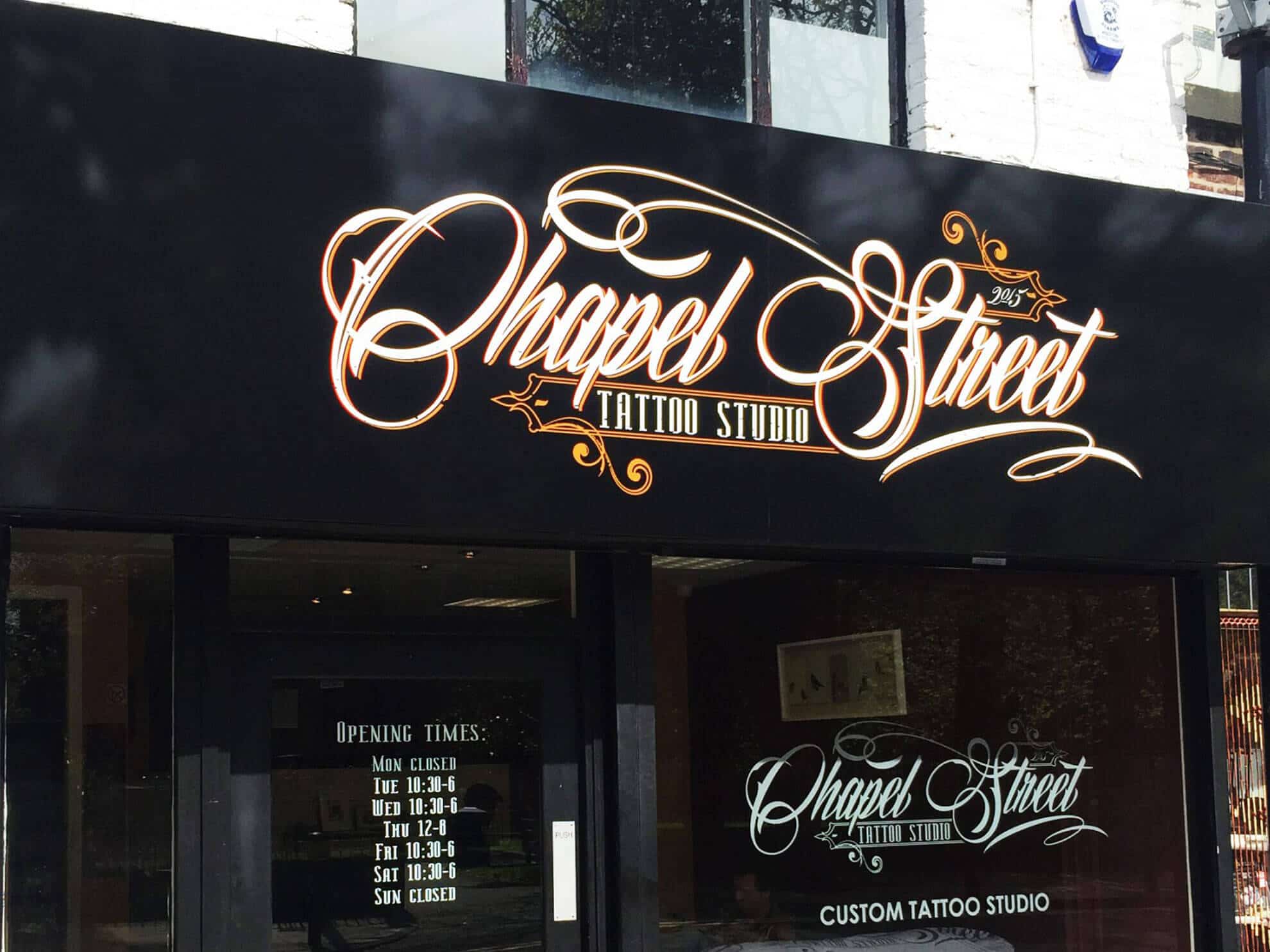Chapel Street sign - Tray with full colour digital print and frosted window graphics
