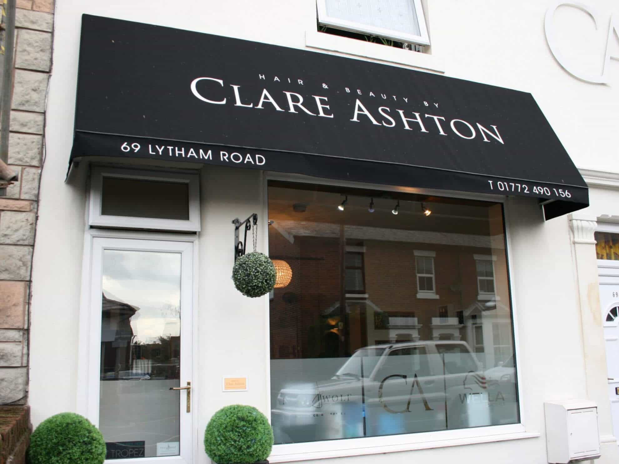 Clare Ashton hair canopy sign - Stand off acrylic letters and window graphics