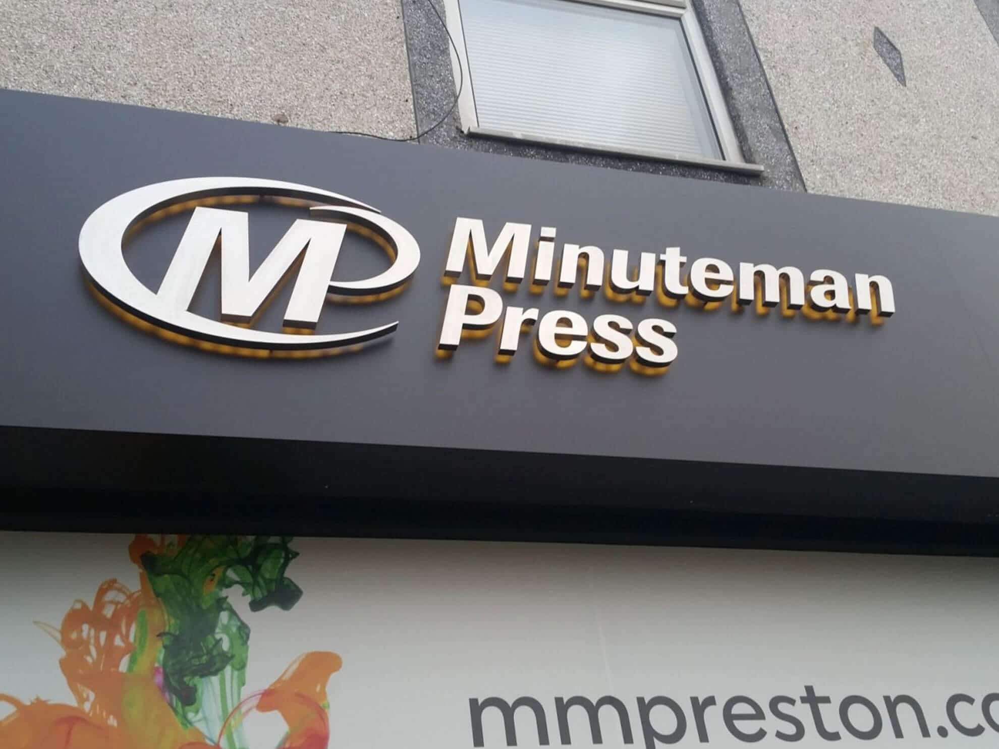 Minuteman Press sign - Built up brushed stainless steel halo illuminated letters
