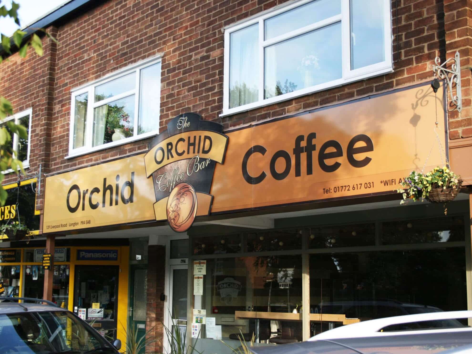 Orchid Coffee shop sign - Full colour digital print flat panel with shaped stand off panel