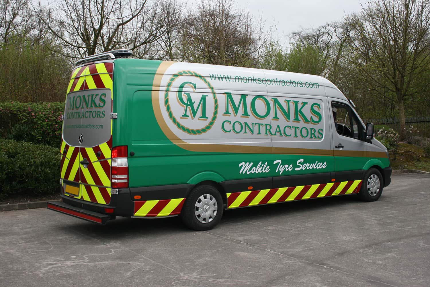 Monks Contractors - cut vinyl vehicle graphics with full chapter 8 kit to side.